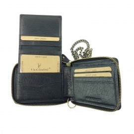 VCR8M Via Condtti Full Grain Leather Wallet with Metal Chain RFID PROTECTED-Black